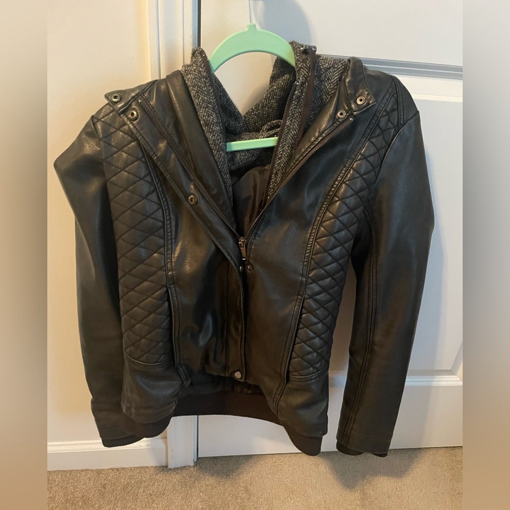 Black Quilted hooded Leather Jacket size S